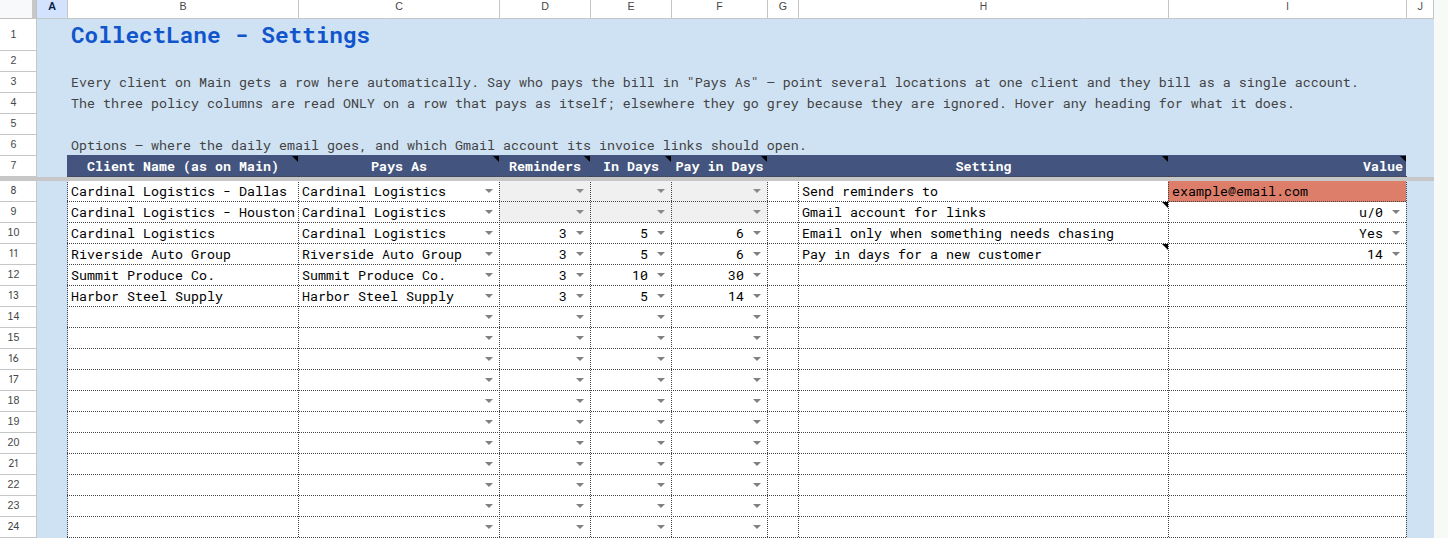 CollectLane Settings tab with clients, payment terms and email options