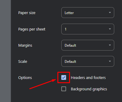 Chrome’s print dialog, More settings panel, with the “Headers and footers” checkbox highlighted