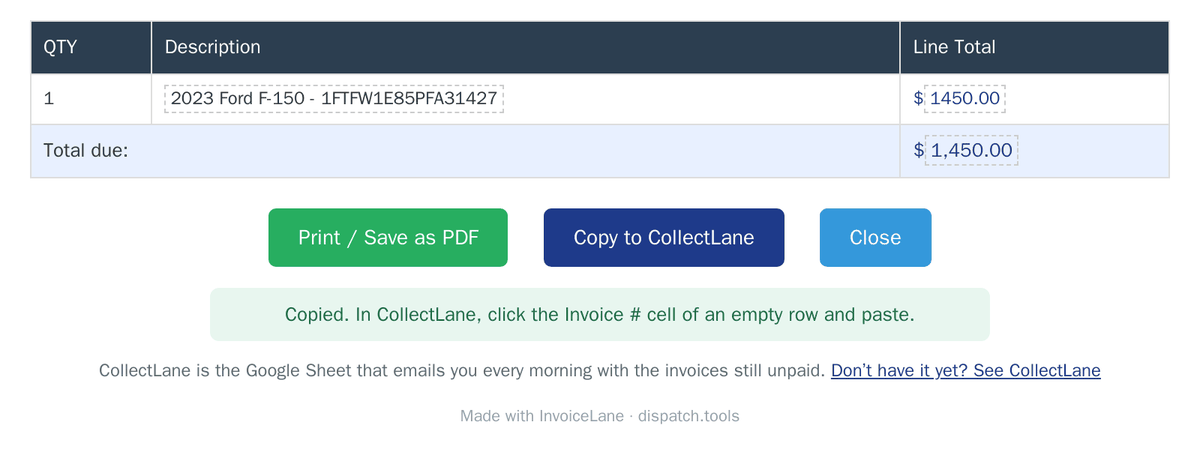 InvoiceLane invoice with the Copy to CollectLane button and a Copied confirmation